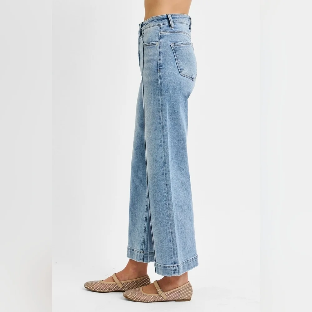 RISEN HR Light Wash Wide Leg Cropped Front Seam Trouser Hem Jeans Various NEW - Picture 4 of 6
